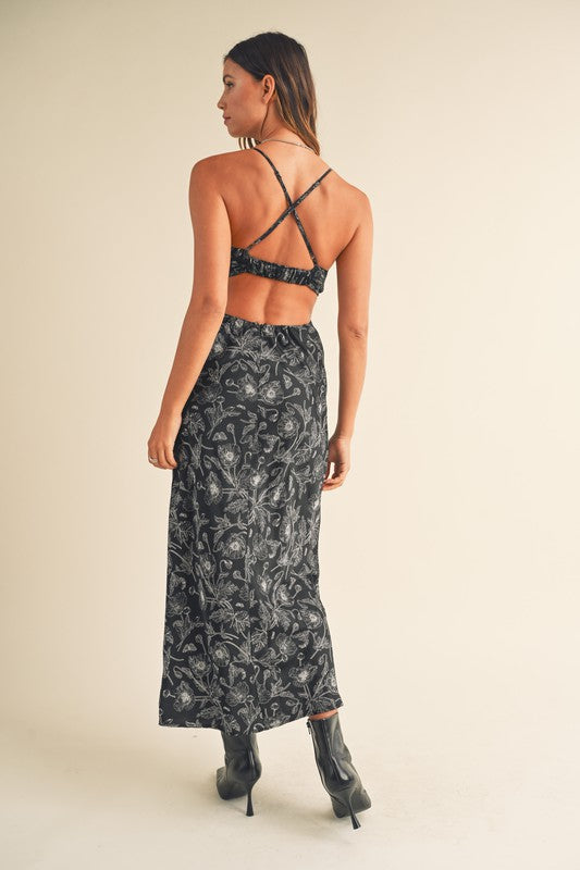 PALOMA FLORAL SATIN DRESS- BLACK