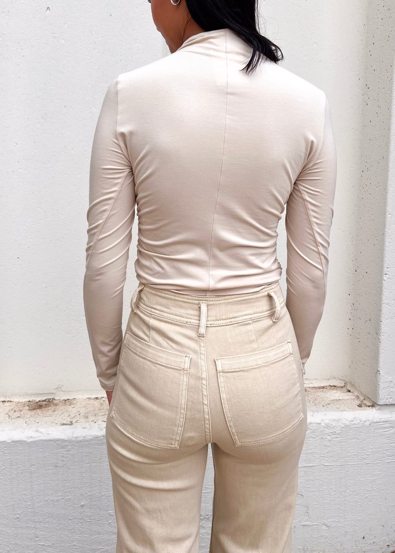 RUCHED LONG SLEEVE KNIT TOP- BIRCH