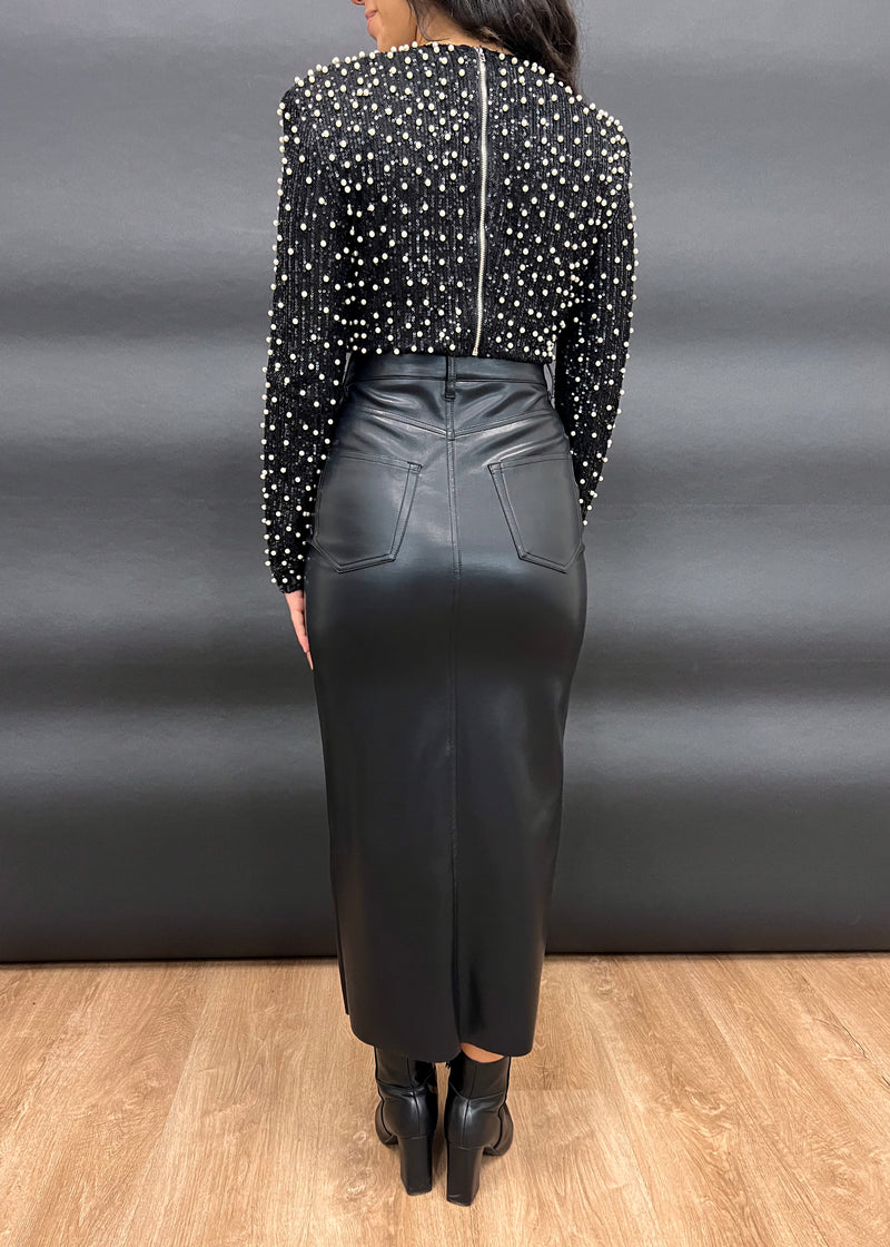 GIA VEGAN LEATHER MIDI SKIRT- BLACK