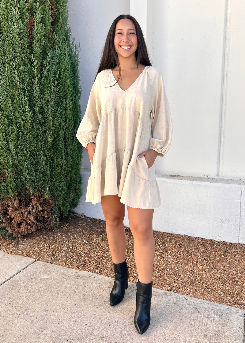 WASHED TIERED DRESS- ECRU