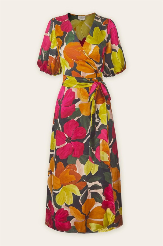 EUPHORIA FLORAL WRAP DRESS- FUCHSIA