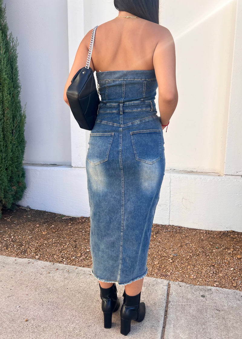 DENIM TUBE MIDI DRESS- DENIM