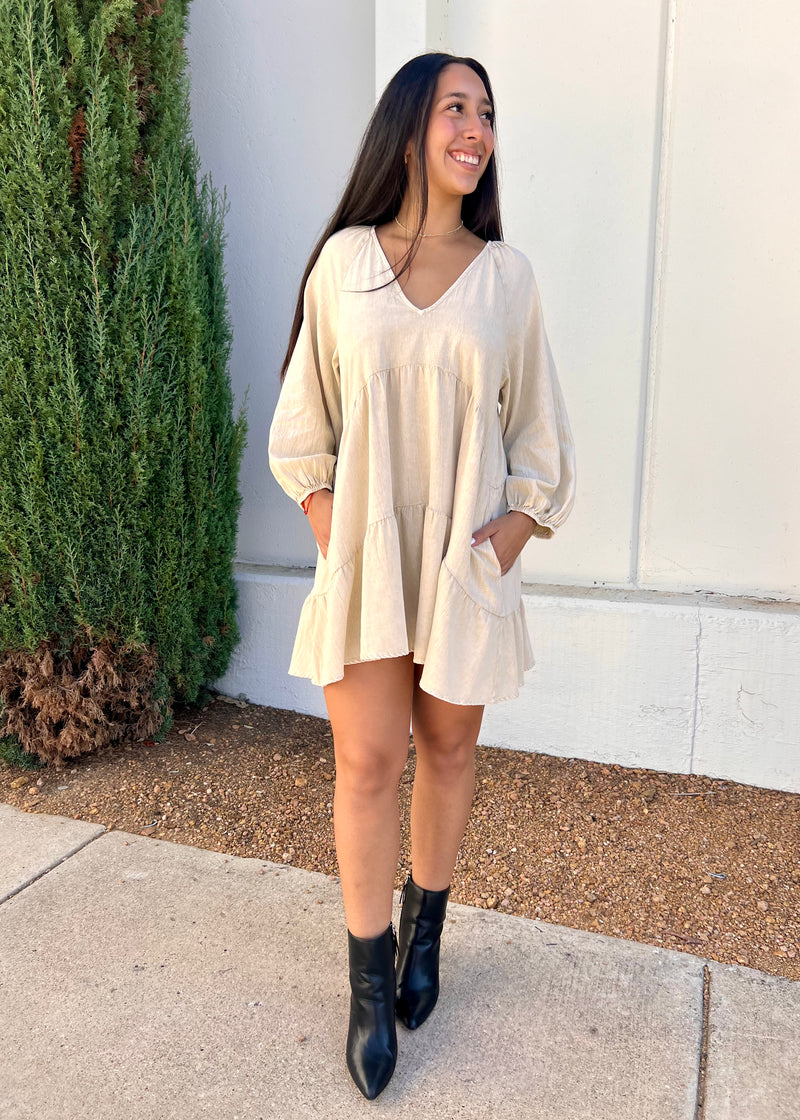 WASHED TIERED DRESS- ECRU