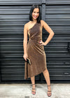 SHIMMER METALLIC ONE SHOULDER DRESS- BLACK GOLD