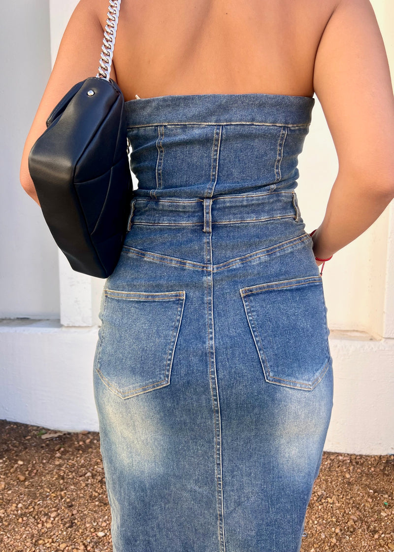 DENIM TUBE MIDI DRESS- DENIM