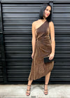 SHIMMER METALLIC ONE SHOULDER DRESS- BLACK GOLD