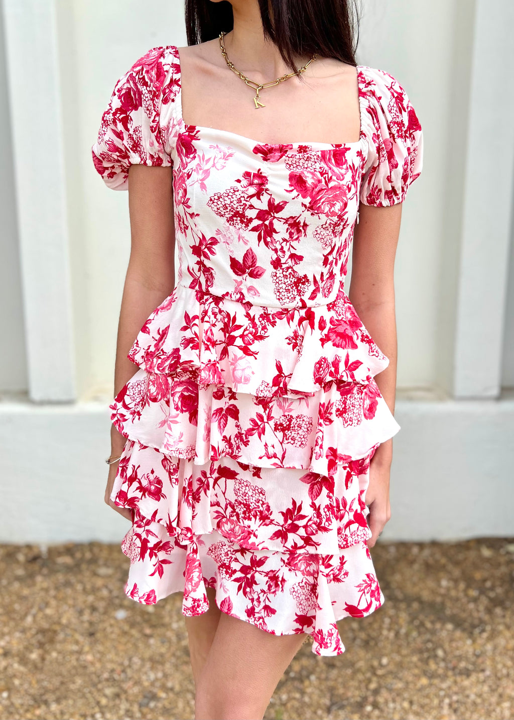 SOPHIE FLORAL TIERED DRESS- WHITE/RED