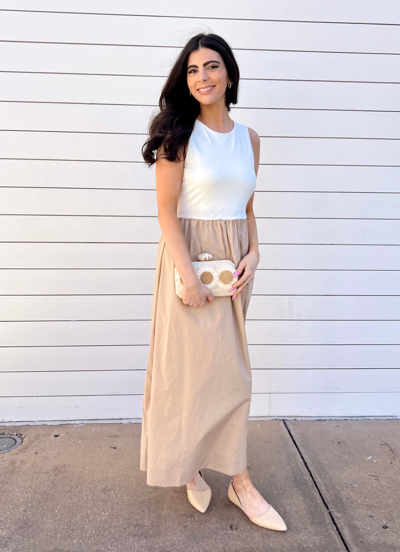MIXED MEDIA MIDI DRESS- TAUPE/WHITE
