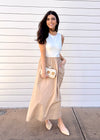 MIXED MEDIA MIDI DRESS- TAUPE/WHITE