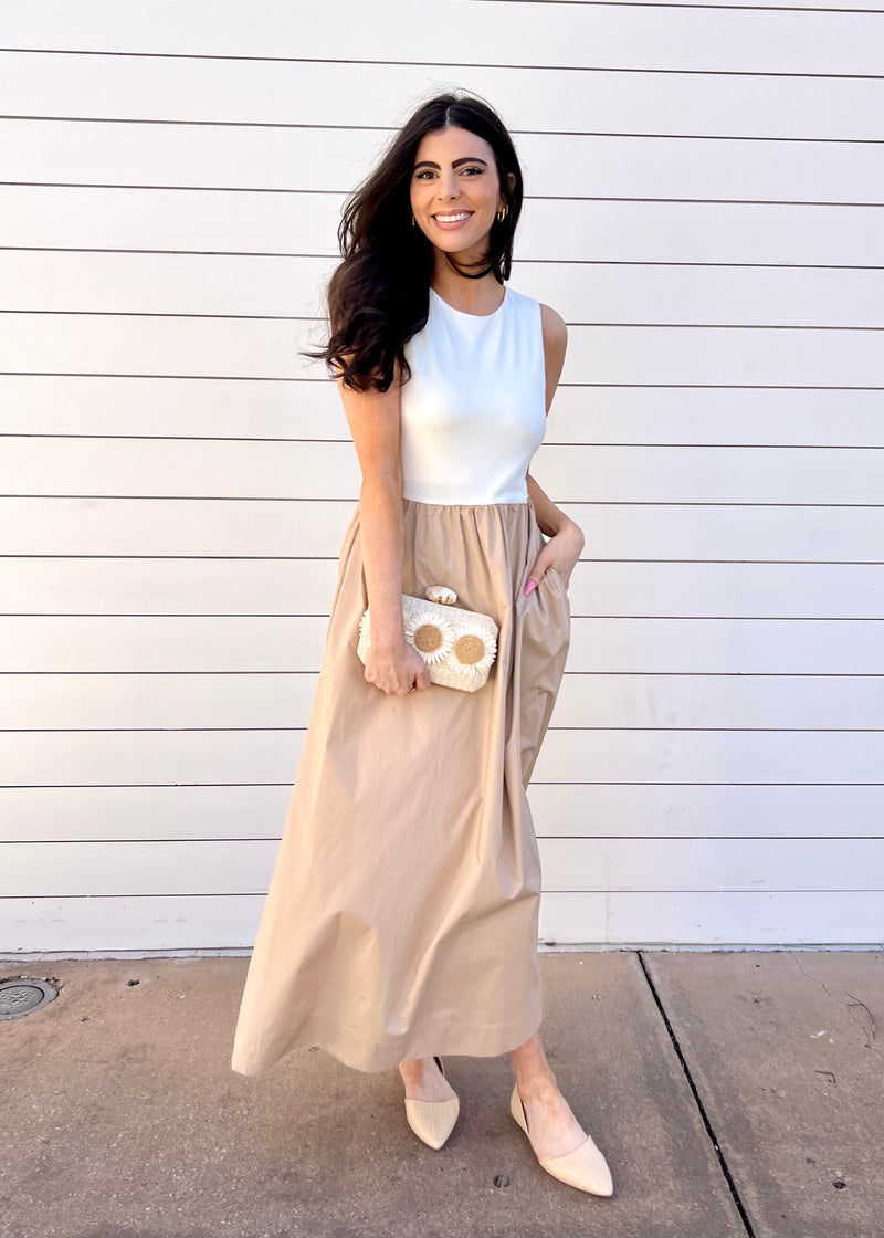 MIXED MEDIA MIDI DRESS- TAUPE/WHITE