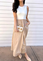 MIXED MEDIA MIDI DRESS- TAUPE/WHITE