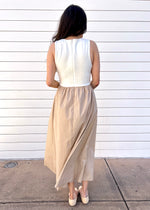 MIXED MEDIA MIDI DRESS- TAUPE/WHITE