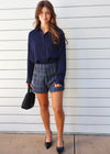 TWEED BUTTON SHORTS- NAVY