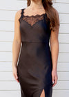 LACE TRIM SATIN DRESS- BLACK