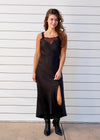 LACE TRIM SATIN DRESS- BLACK