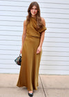 DRAPED SHOULDER SATIN MAXI DRESS- DIJON