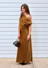 DRAPED SHOULDER SATIN MAXI DRESS- DIJON