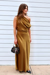 DRAPED SHOULDER SATIN MAXI DRESS- DIJON