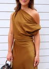 DRAPED SHOULDER SATIN MAXI DRESS- DIJON