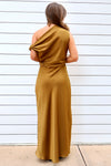 DRAPED SHOULDER SATIN MAXI DRESS- DIJON