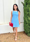 STRIPED LINEN SHIFT DRESS- BLUE/WHITE