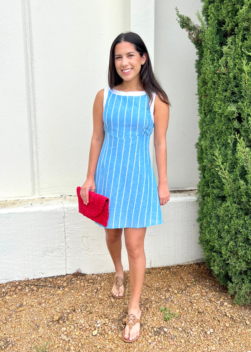 STRIPED LINEN SHIFT DRESS- BLUE/WHITE