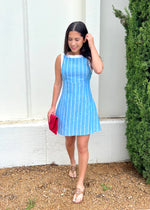 STRIPED LINEN SHIFT DRESS- BLUE/WHITE