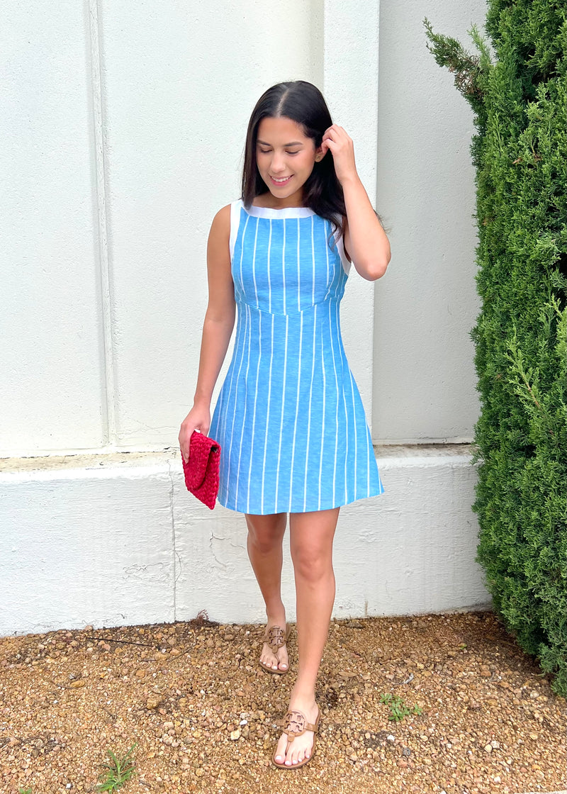 STRIPED LINEN SHIFT DRESS- BLUE/WHITE