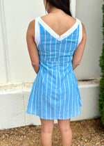 STRIPED LINEN SHIFT DRESS- BLUE/WHITE