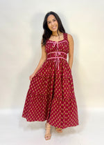 FLORAL TIERED BOW MIDI DRESS- BURGUNDY