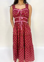 FLORAL TIERED BOW MIDI DRESS- BURGUNDY