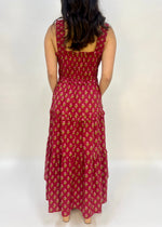 FLORAL TIERED BOW MIDI DRESS- BURGUNDY
