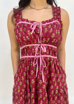 FLORAL TIERED BOW MIDI DRESS- BURGUNDY