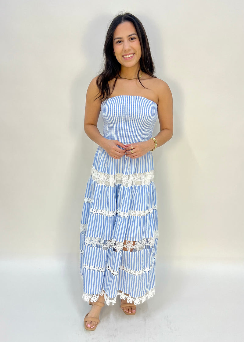 EYELET TUBE STRIPED DRESS- LIGHT BLUE