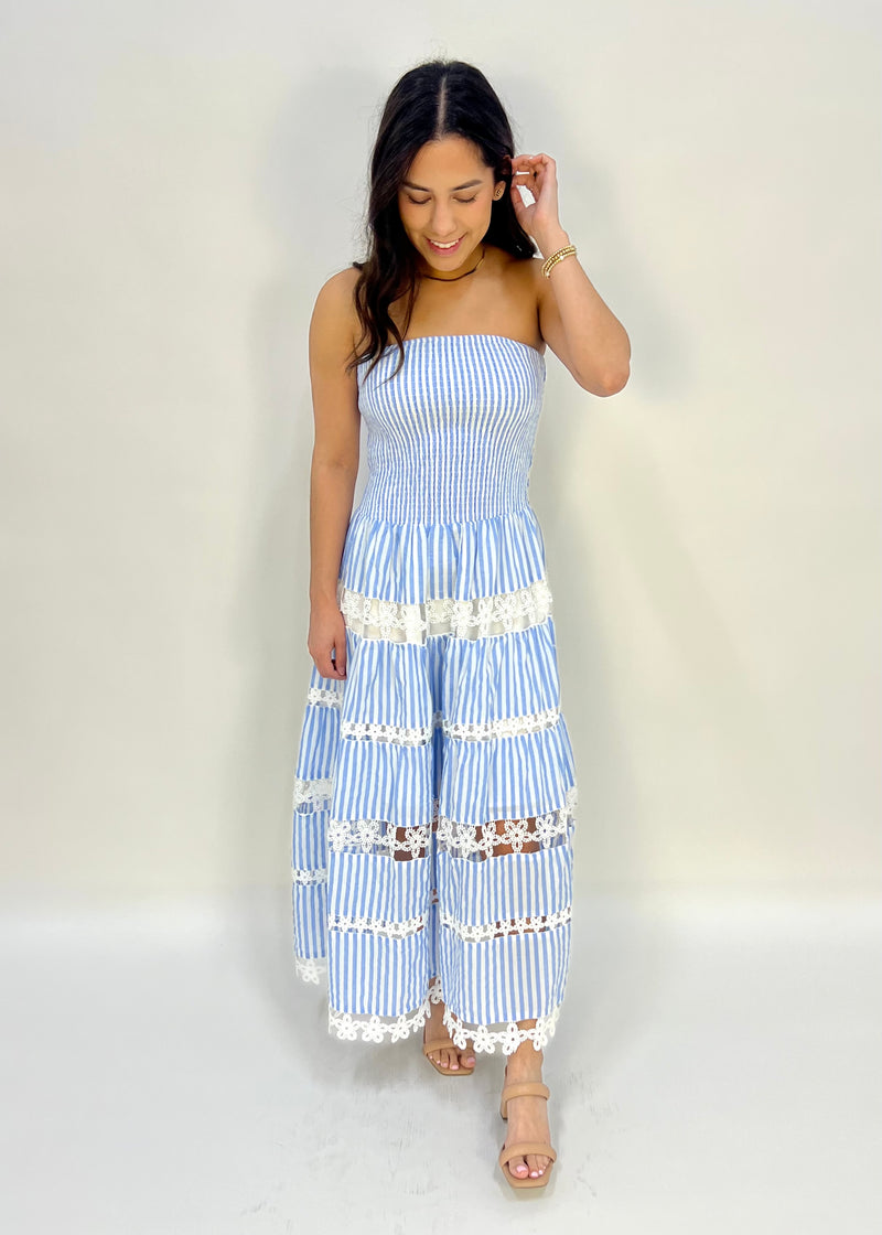 EYELET TUBE STRIPED DRESS- LIGHT BLUE