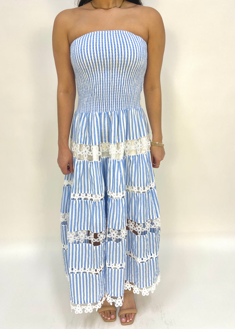 EYELET TUBE STRIPED DRESS- LIGHT BLUE