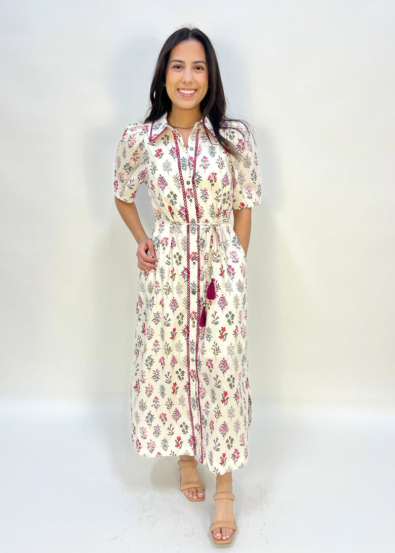 FLORAL PUFF SHOULDER MIDI SHIRT DRESS- CREAM