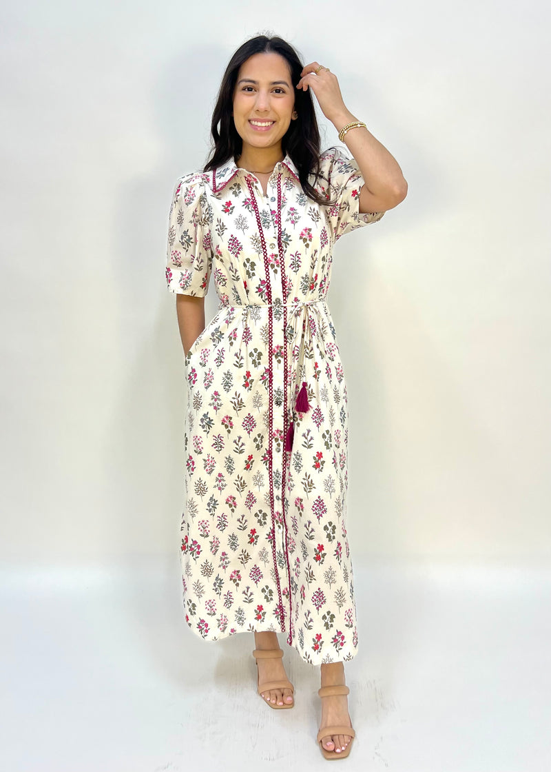 FLORAL PUFF SHOULDER MIDI SHIRT DRESS- CREAM