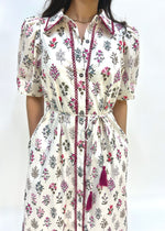 FLORAL PUFF SHOULDER MIDI SHIRT DRESS- CREAM