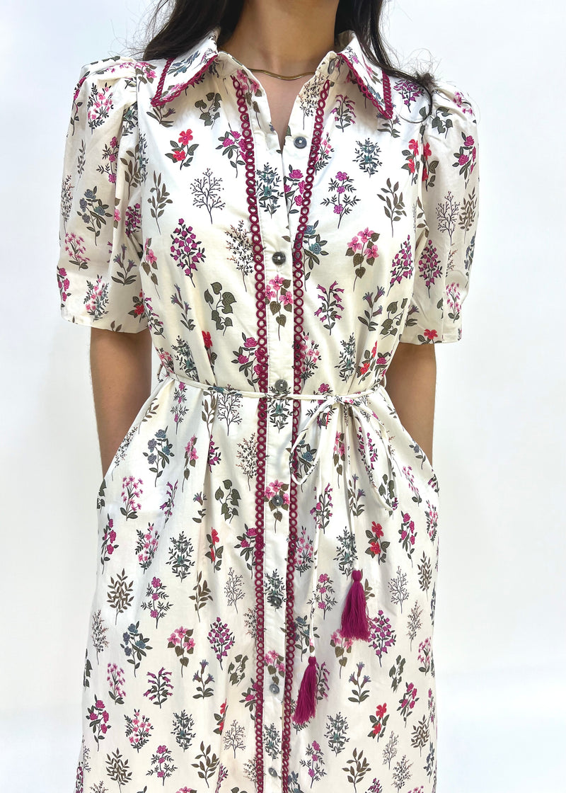 FLORAL PUFF SHOULDER MIDI SHIRT DRESS- CREAM