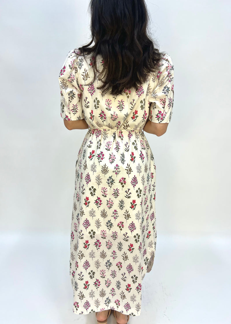 FLORAL PUFF SHOULDER MIDI SHIRT DRESS- CREAM