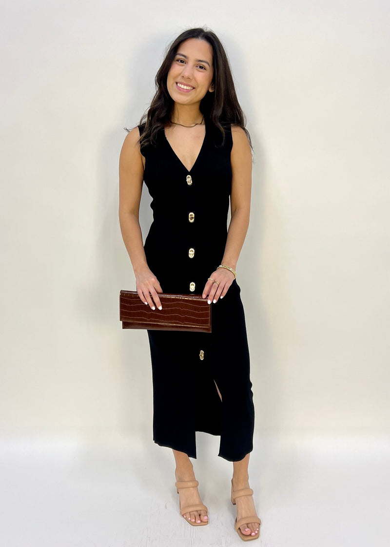 KNIT GOLD LOCK BUTTON DRESS- BLACK
