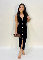 KNIT GOLD LOCK BUTTON DRESS- BLACK