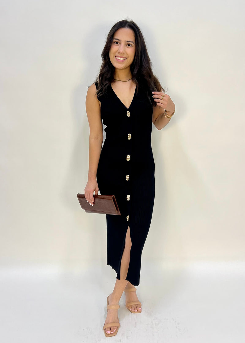 KNIT GOLD LOCK BUTTON DRESS- BLACK