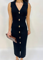 KNIT GOLD LOCK BUTTON DRESS- BLACK