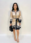 BORDER PRINT SHIRT DRESS- BEIGE/BLACK