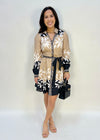 BORDER PRINT SHIRT DRESS- BEIGE/BLACK
