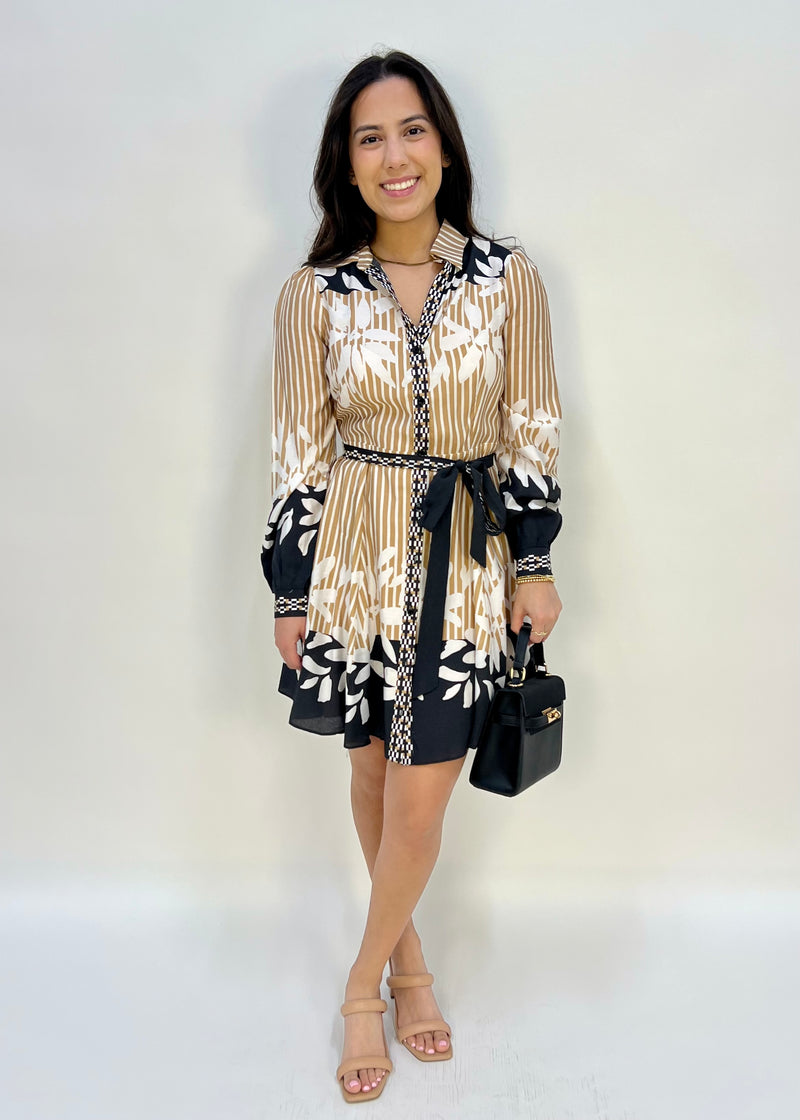 BORDER PRINT SHIRT DRESS- BEIGE/BLACK