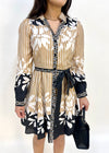BORDER PRINT SHIRT DRESS- BEIGE/BLACK
