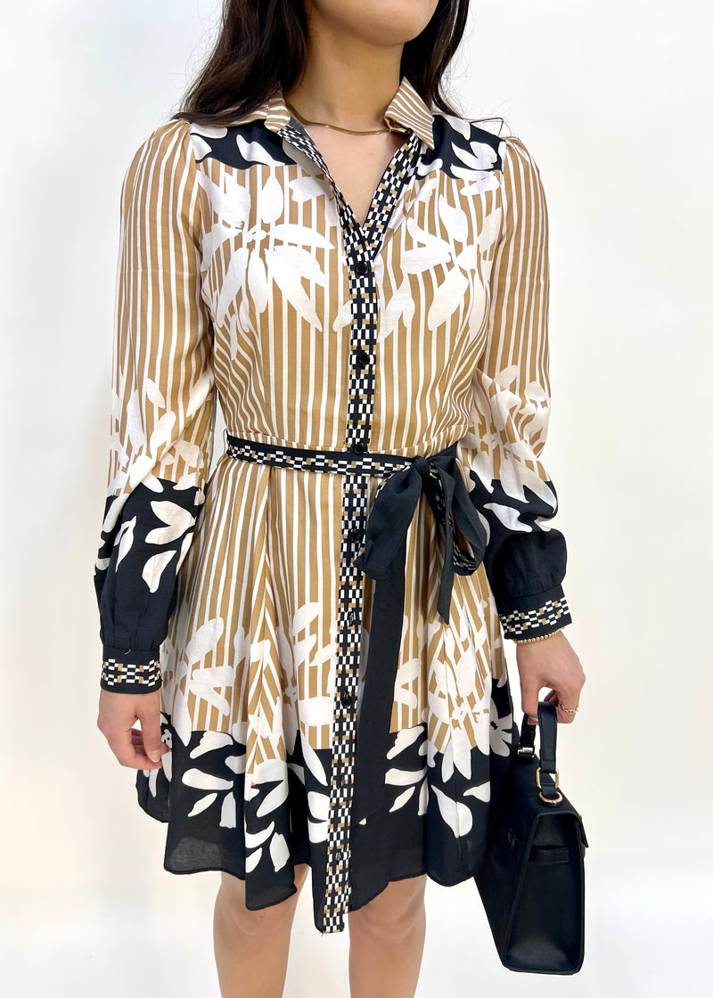 BORDER PRINT SHIRT DRESS- BEIGE/BLACK